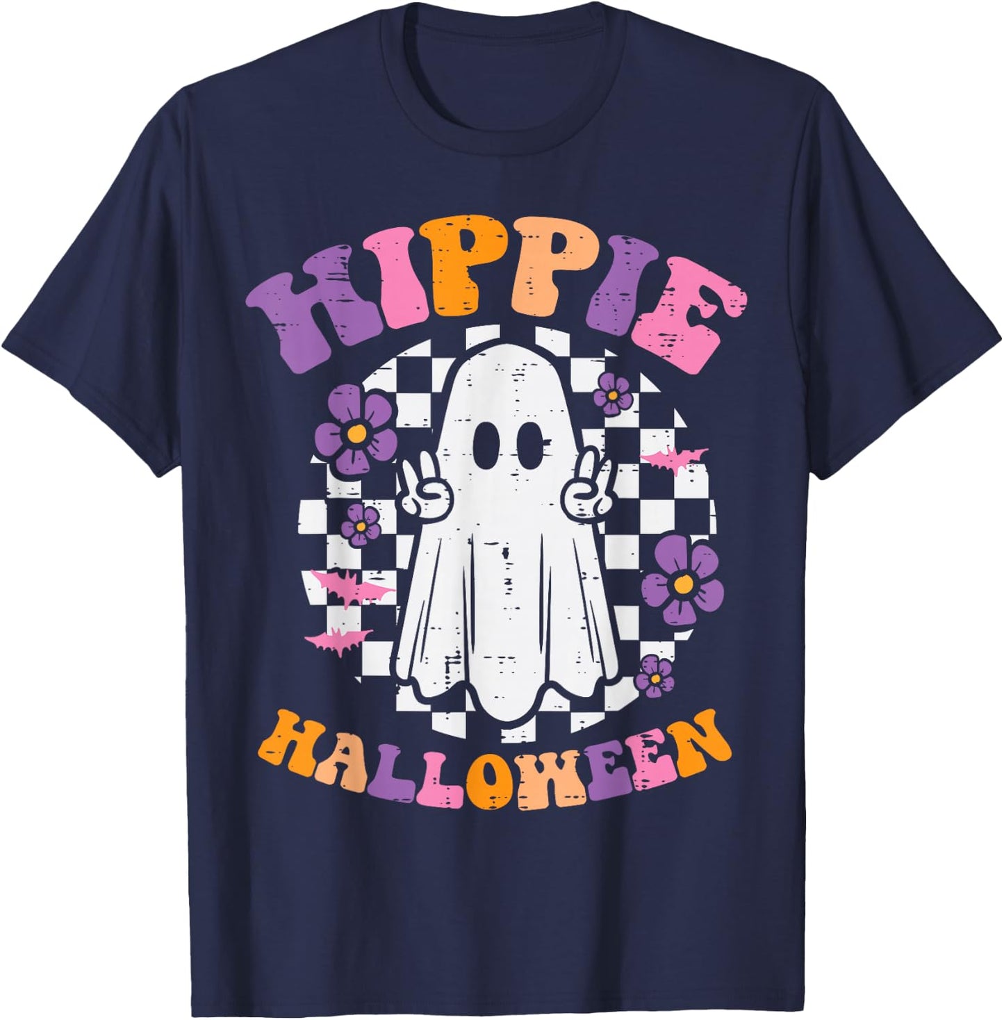 Hippie Halloween Ghost Peace Retro Costume Women Kids Men T-Shirt - T-Shirt | Navy