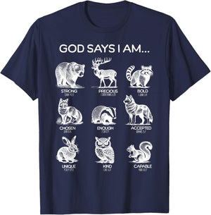 God Says I am Forest Animals Bible Verse Christian Hiking T-Shirt - T-Shirt | Navy