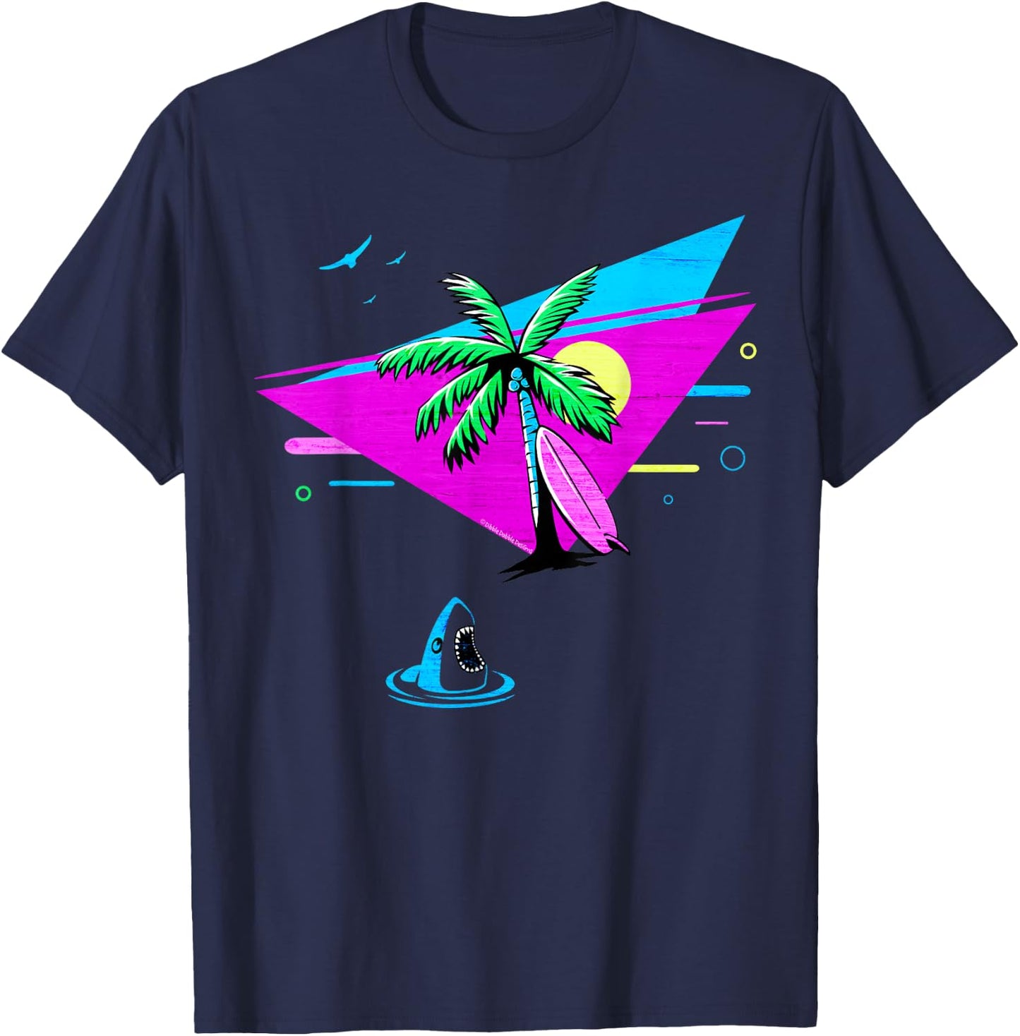 Fun Retro Tropical Vaporwave Palm Trees Shark and Surfboard T-Shirt - T-Shirt | Navy