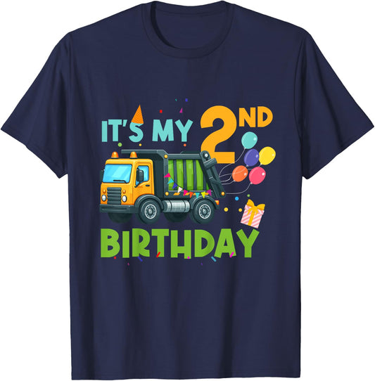 It's My Second Birthday 2 Year Old Garbage Truck Birthday T-Shirt - T-Shirt | Navy