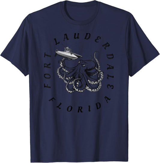 Fort Lauderdale Florida Octopus Saltwater Deep Sea Fishing T-Shirt - T-Shirt | Navy