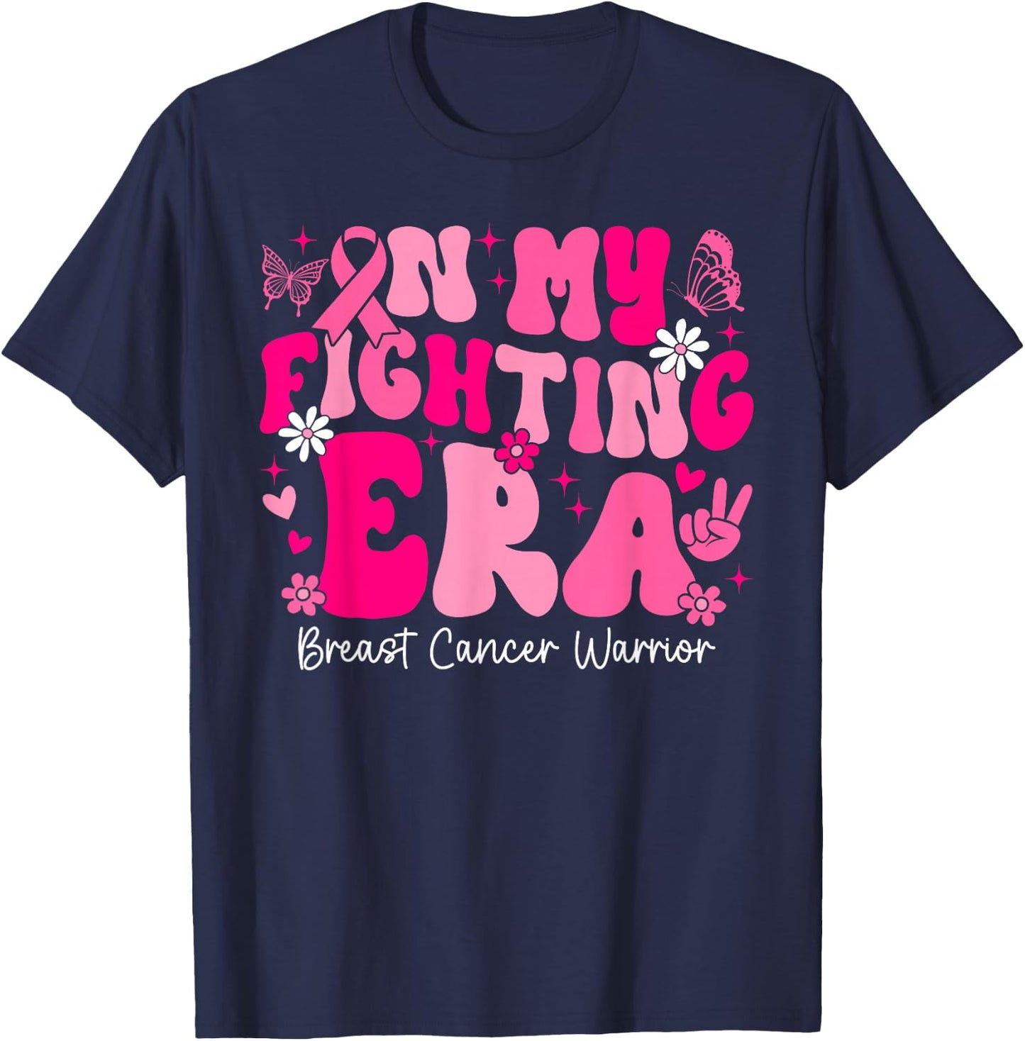 In My Fighting Era Breast Cancer Awareness Warrior Groovy T-Shirt - T-Shirt | Navy