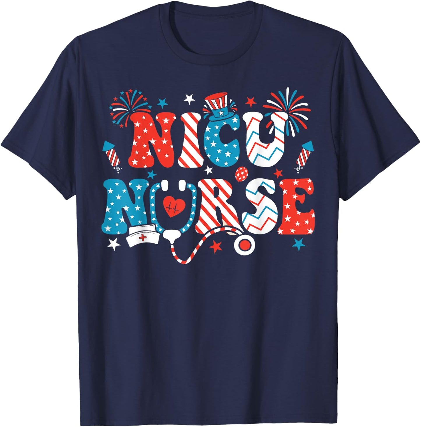 NICU Nurse 4th Of July American Flag Patriotic Nicu Nurse T-Shirt - T-Shirt | Navy