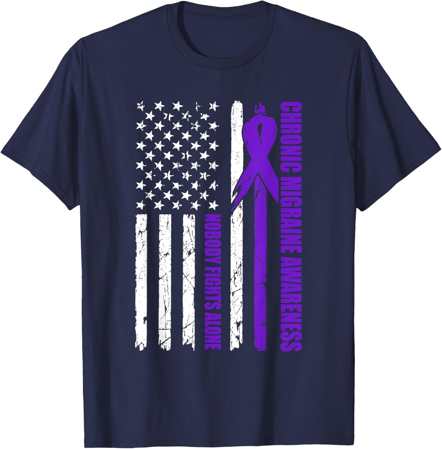 Chronic Migraine Awareness USA Flag Purple Ribbon Dads T-Shirt - T-Shirt | Navy