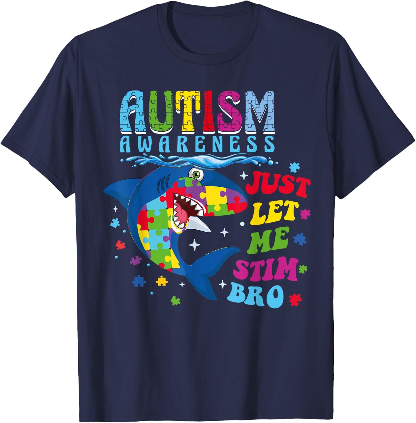 Just Let Me Stim Bro Retro Autism Awareness Day Shark Puzzle T-Shirt - T-Shirt | Navy