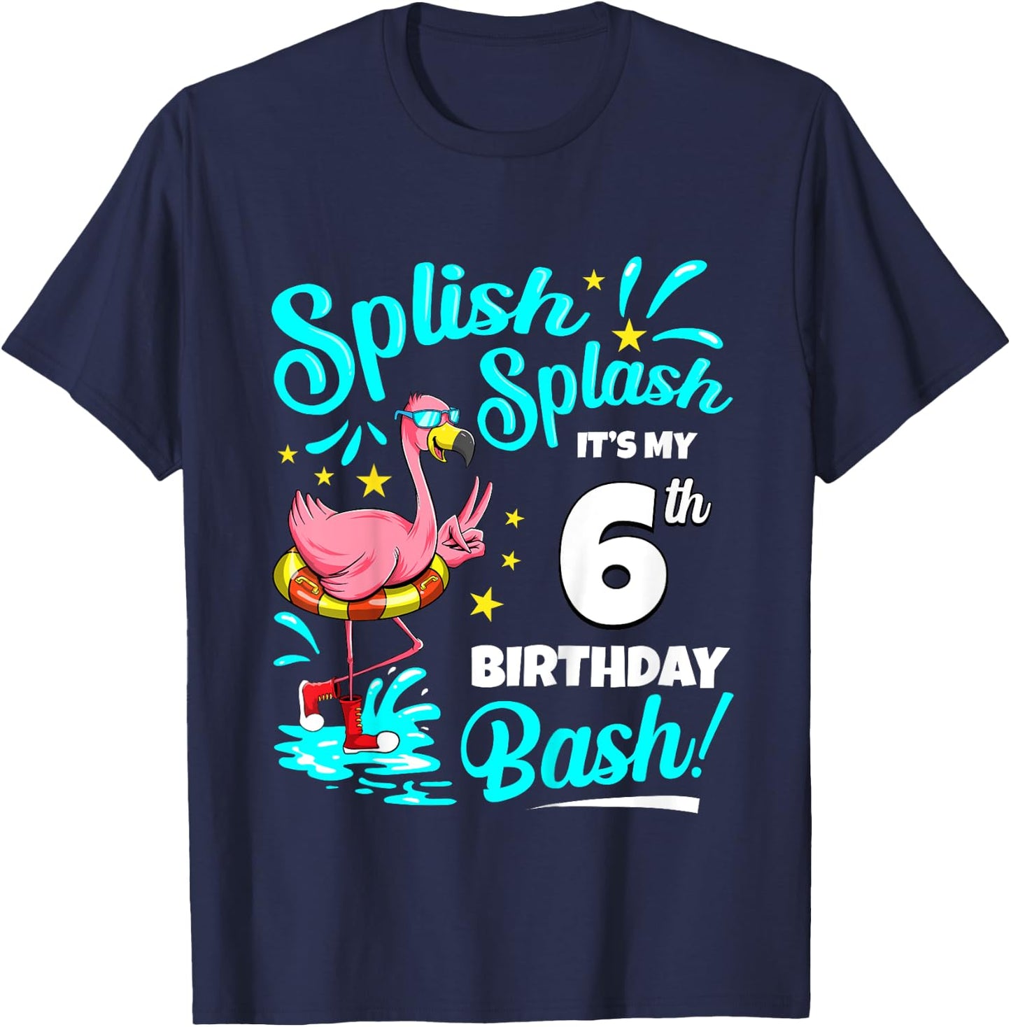 6th Birthday Flamingo 6 Years Old Pool Party Summer T-Shirt - T-Shirt | Navy