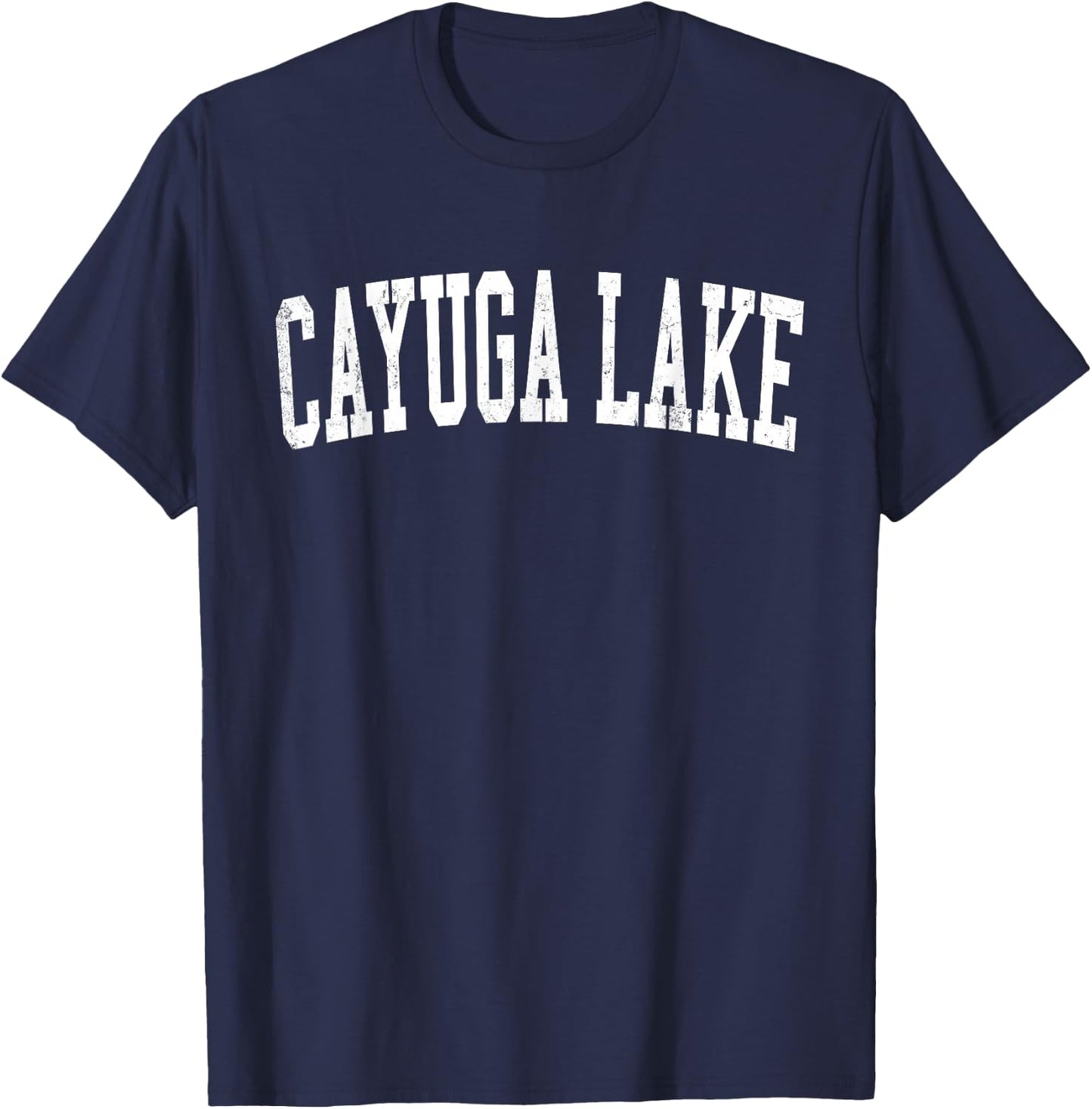 Vintage Cayuga Lake Distressed White Varsity Style T-Shirt - T-Shirt | Navy