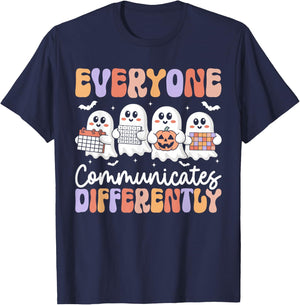 Everyone Communicates Differently Halloween Autism Teacher T-Shirt - T-Shirt | Navy