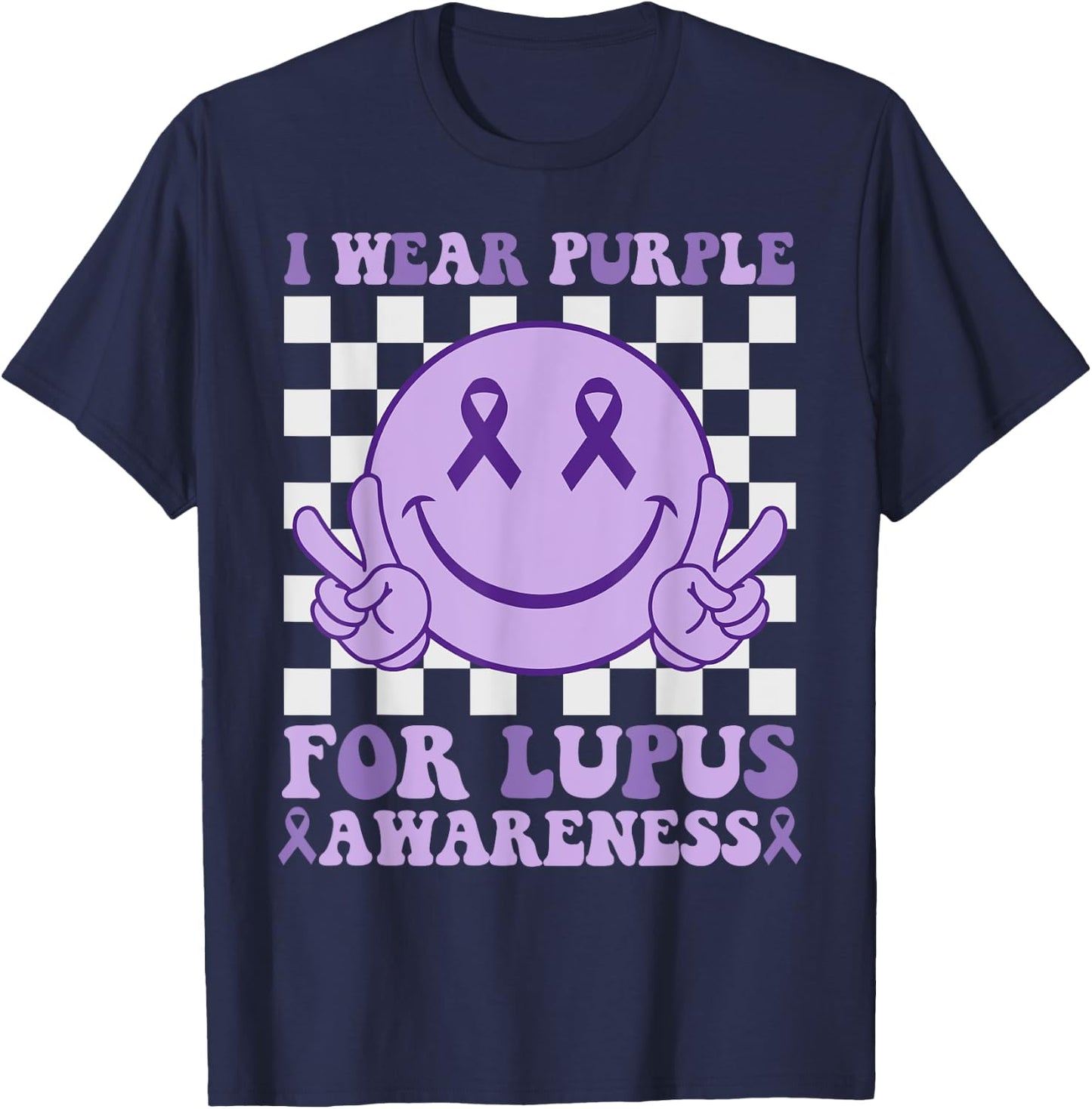 I Wear Purple For Lupus Awareness Happy Face & Ribbon Kids T-Shirt - T-Shirt | Navy