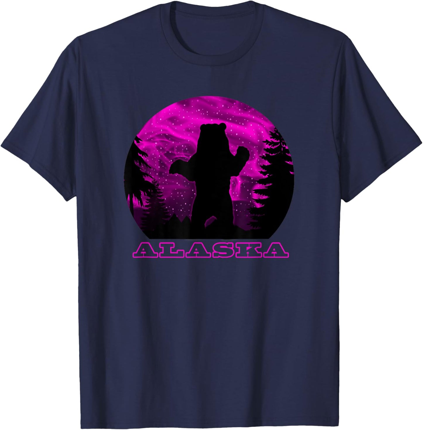 Alaska Grizzly Bear with Pink Northern Lights in Background T-Shirt - T-Shirt | Navy