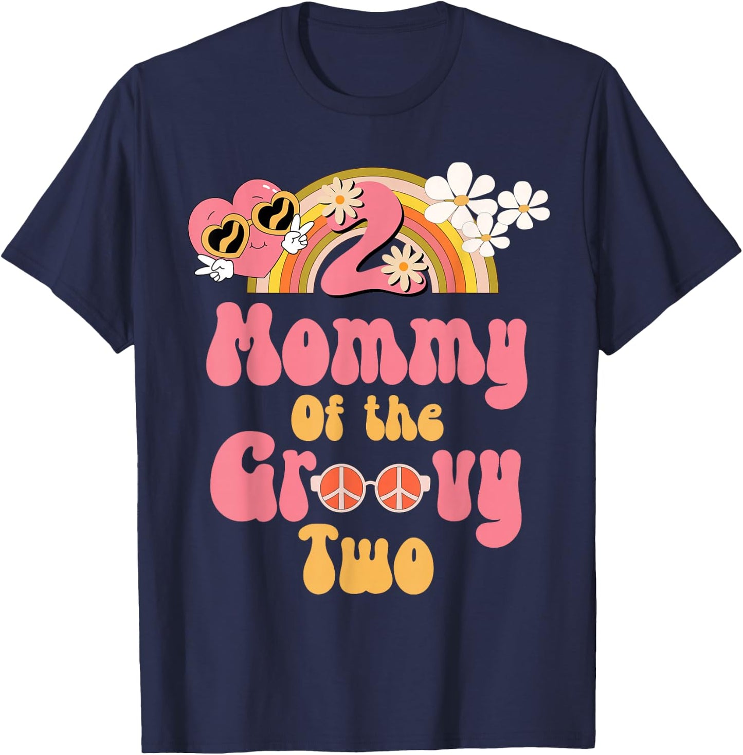 Mommy of the Groovy Two peace sign retro birthday matching T-Shirt - T-Shirt | Navy