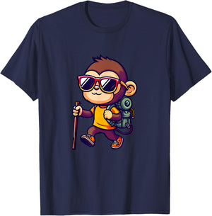 Hiking Monkey With Backpack And Walking Stick T-Shirt - T-Shirt | Navy