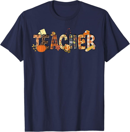 Teacher Thanksgiving Women Autumn Fall Halloween Pumpkin T-Shirt - T-Shirt | Navy