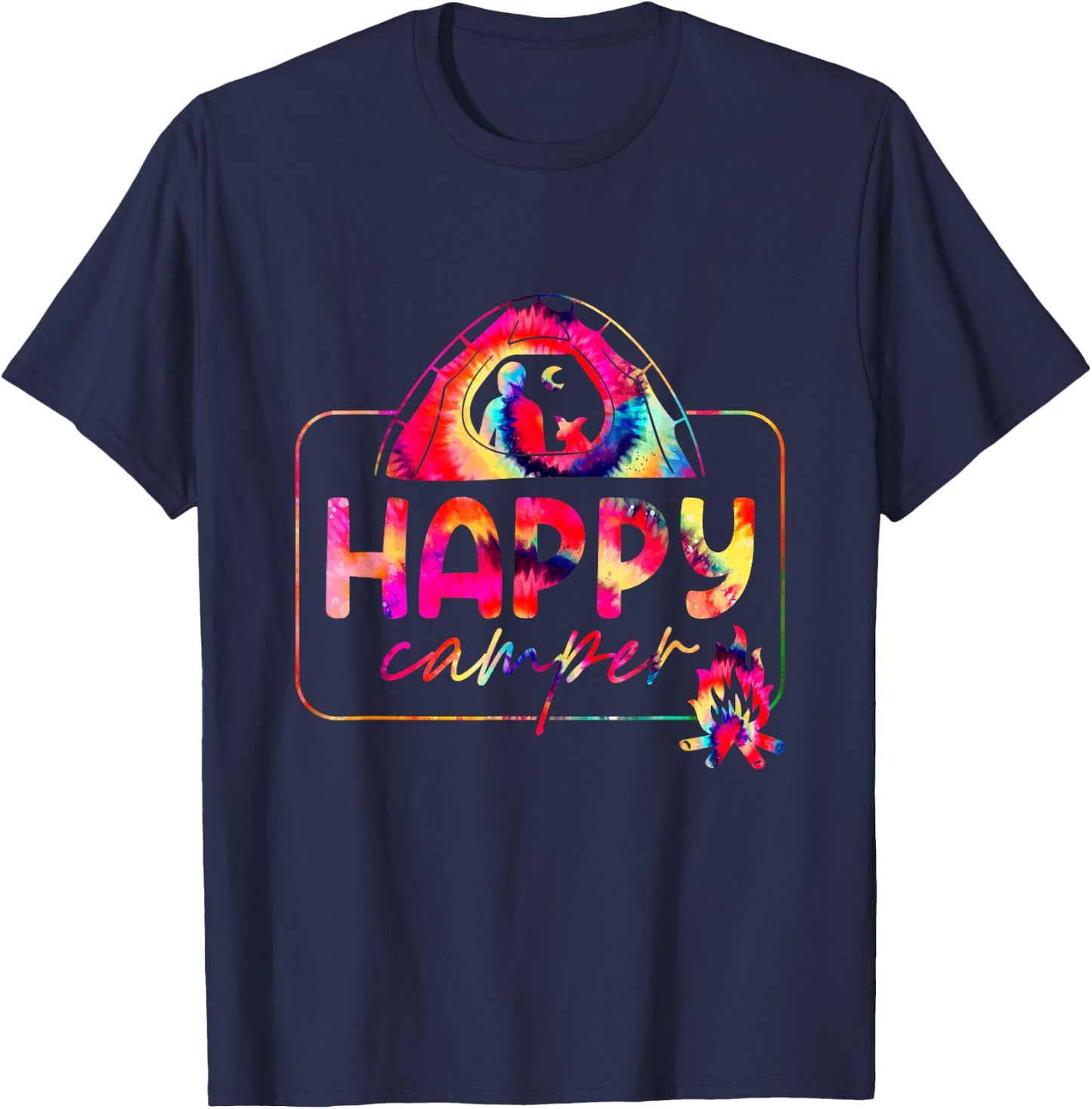 Happy a Camper Tie Dye Rainbow Camping Hippie Campfire T-Shirt - T-Shirt | Navy