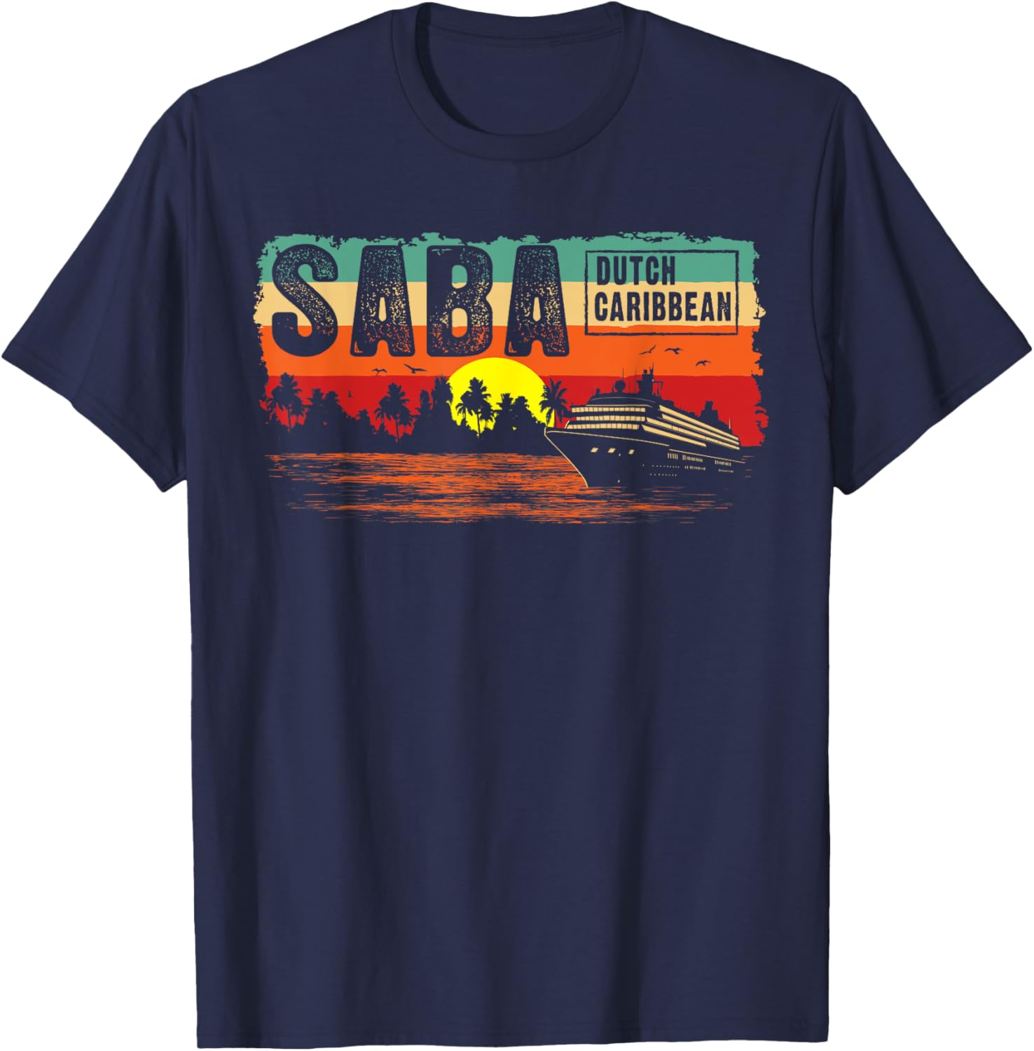 Vintage Tropical Sunset Dutch Caribbean Saba Island T-Shirt - T-Shirt | Navy