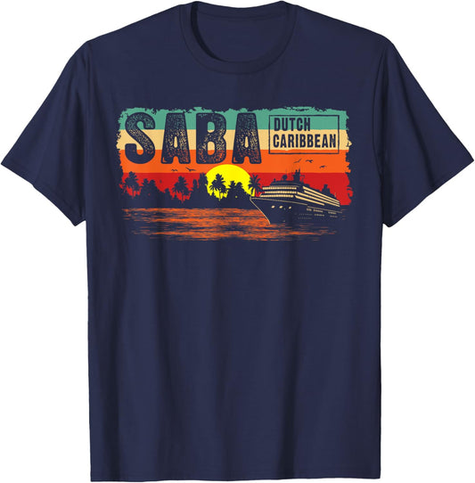 Vintage Tropical Sunset Dutch Caribbean Saba Island T-Shirt - T-Shirt | Navy
