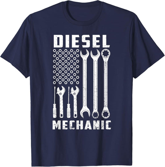 Patriotic Diesel Mechanic Tools Flag American USA T-Shirt - T-Shirt | Navy