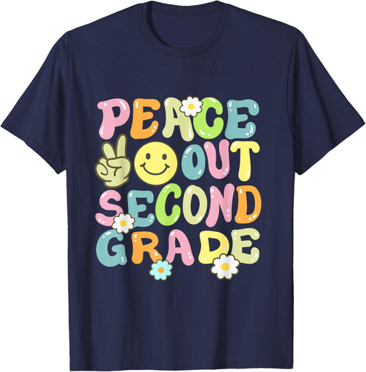 Groovy Peace Out Second Grade Kids 2nd Grade Last Day School T-Shirt - T-Shirt | Navy