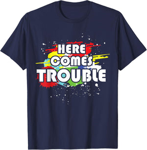 Double Sided Here Comes Trouble Funny Kids T-Shirt - T-Shirt | Navy