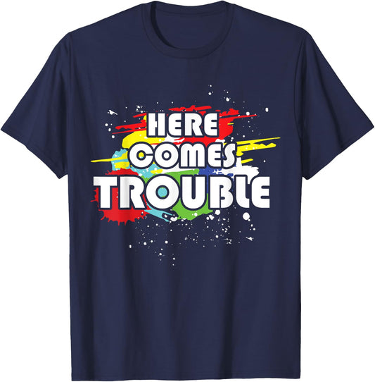 Double Sided Here Comes Trouble Funny Kids T-Shirt - T-Shirt | Navy