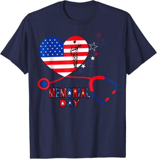 Nurse Stethoscope Heart Patriotic Memorial day Flag America T-Shirt - T-Shirt | Navy