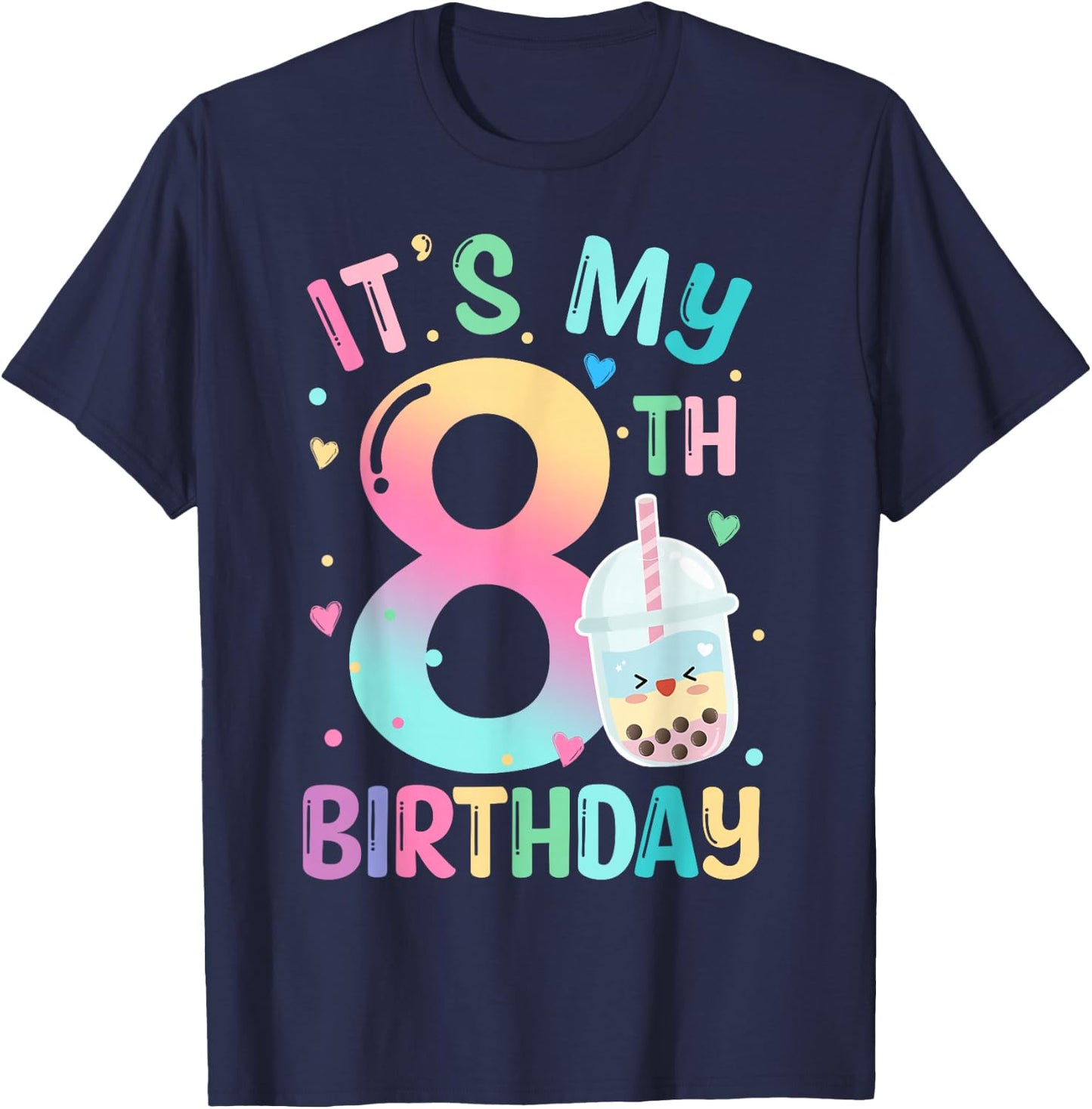It's My 8th Birthday Bubble Boba Tea Party 8 Year Old Girl T-Shirt - T-Shirt | Navy