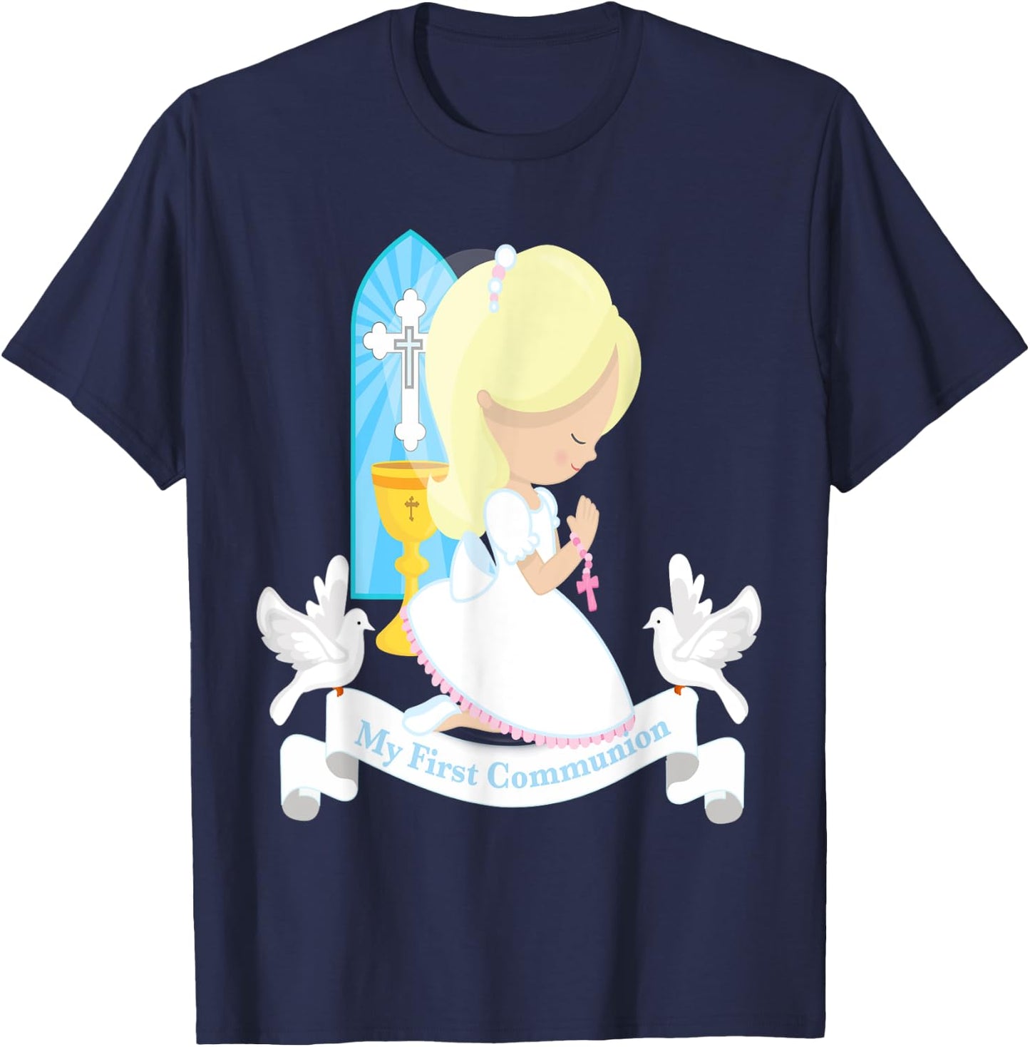 My First Communion Shirt Gift Cute Kids Daughter Girl Blonde T-Shirt - T-Shirt | Navy