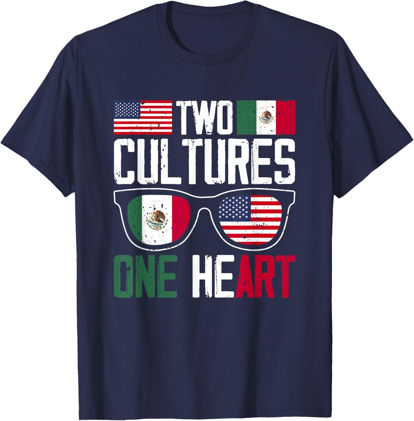 Two Cultures One Heart Mexico Usa America Mexican American T-Shirt - T-Shirt | Navy