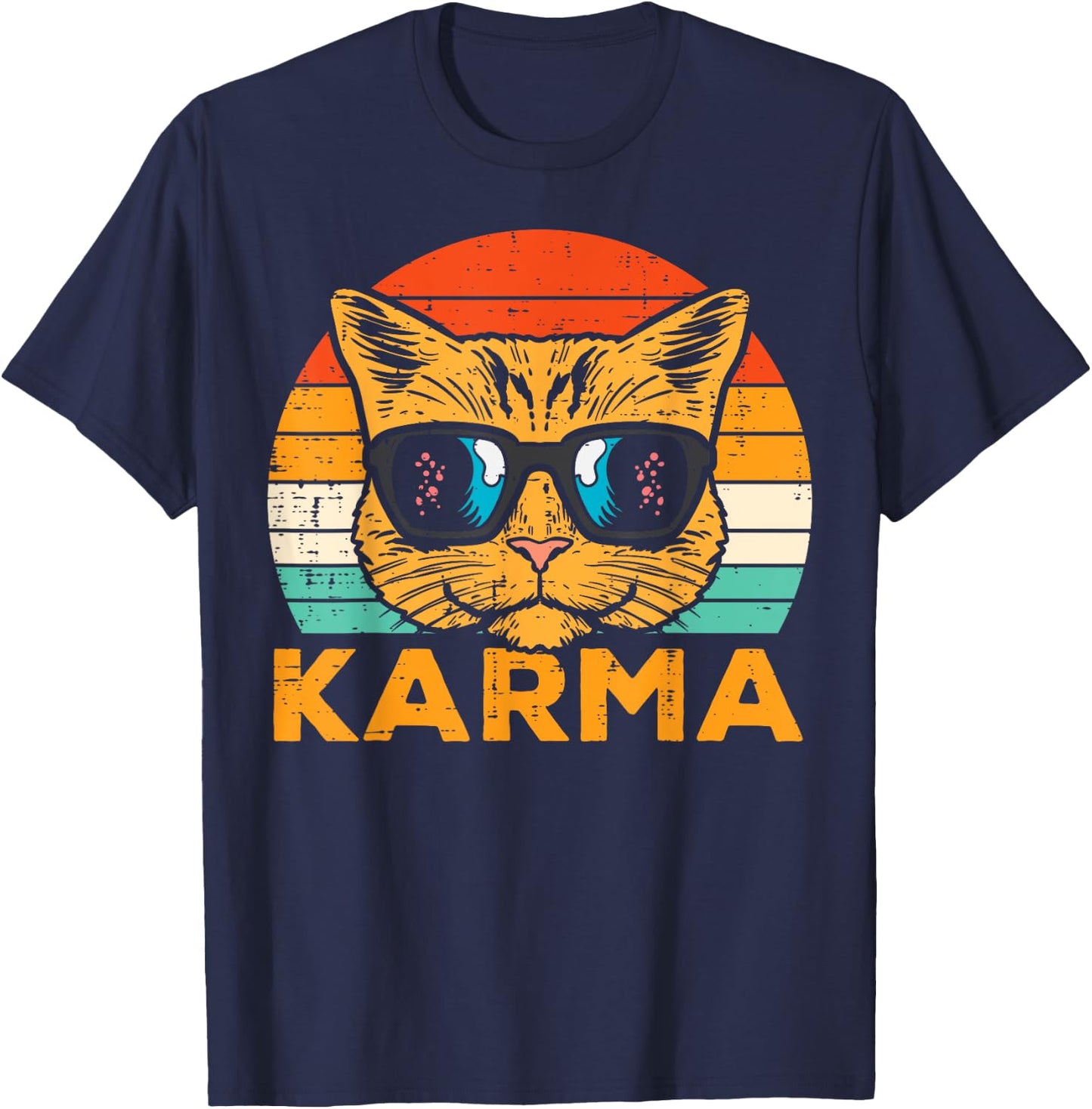 Karma Cat Face Sunset Retro Music Vibe Women Men Kids Youth T-Shirt - T-Shirt | Navy