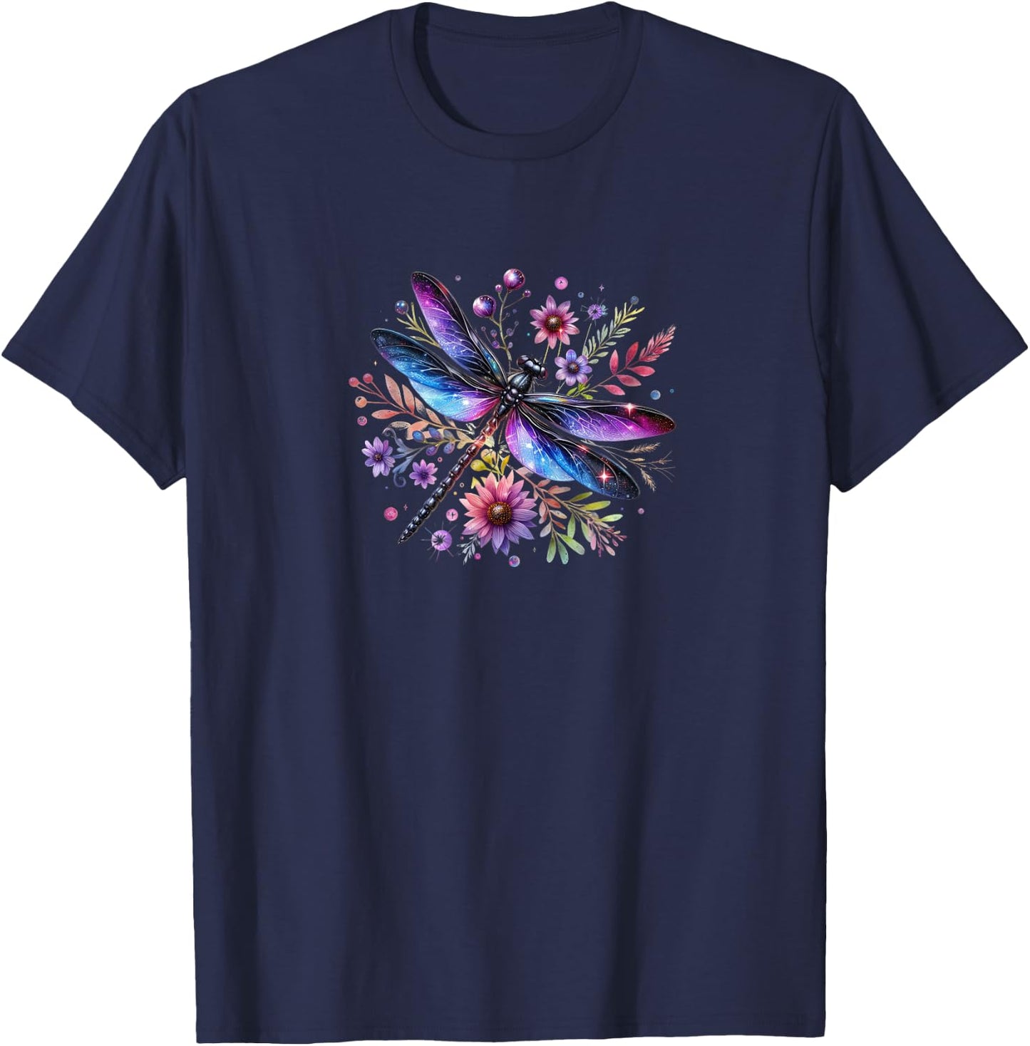 Beautiful Watercolor Black and Purple Dragonfly On Flowers T-Shirt - T-Shirt | Navy