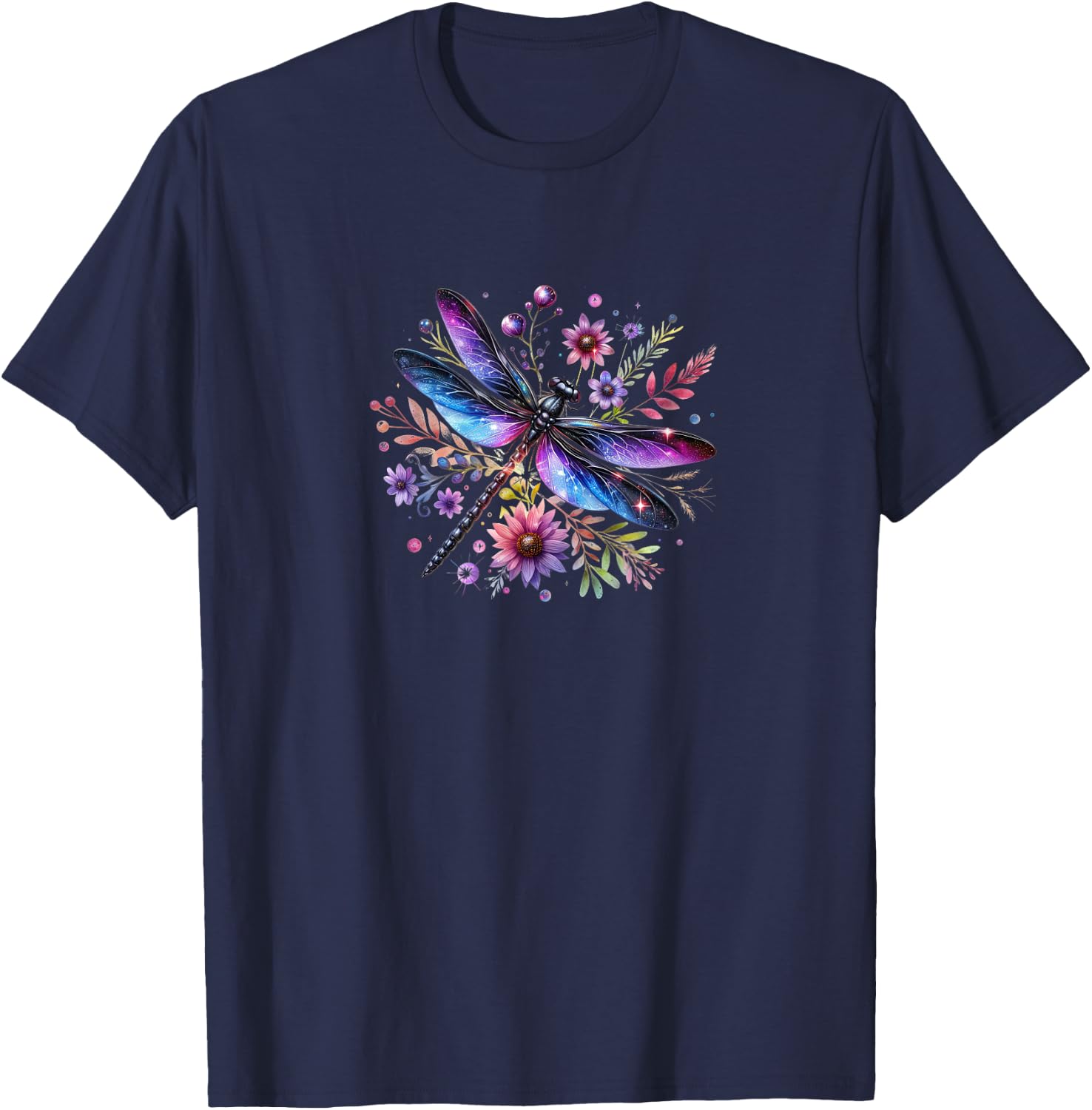 Beautiful Watercolor Black and Purple Dragonfly On Flowers T-Shirt - T-Shirt | Navy
