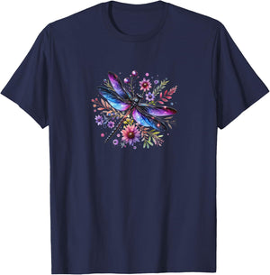 Beautiful Watercolor Black and Purple Dragonfly On Flowers T-Shirt - T-Shirt | Navy