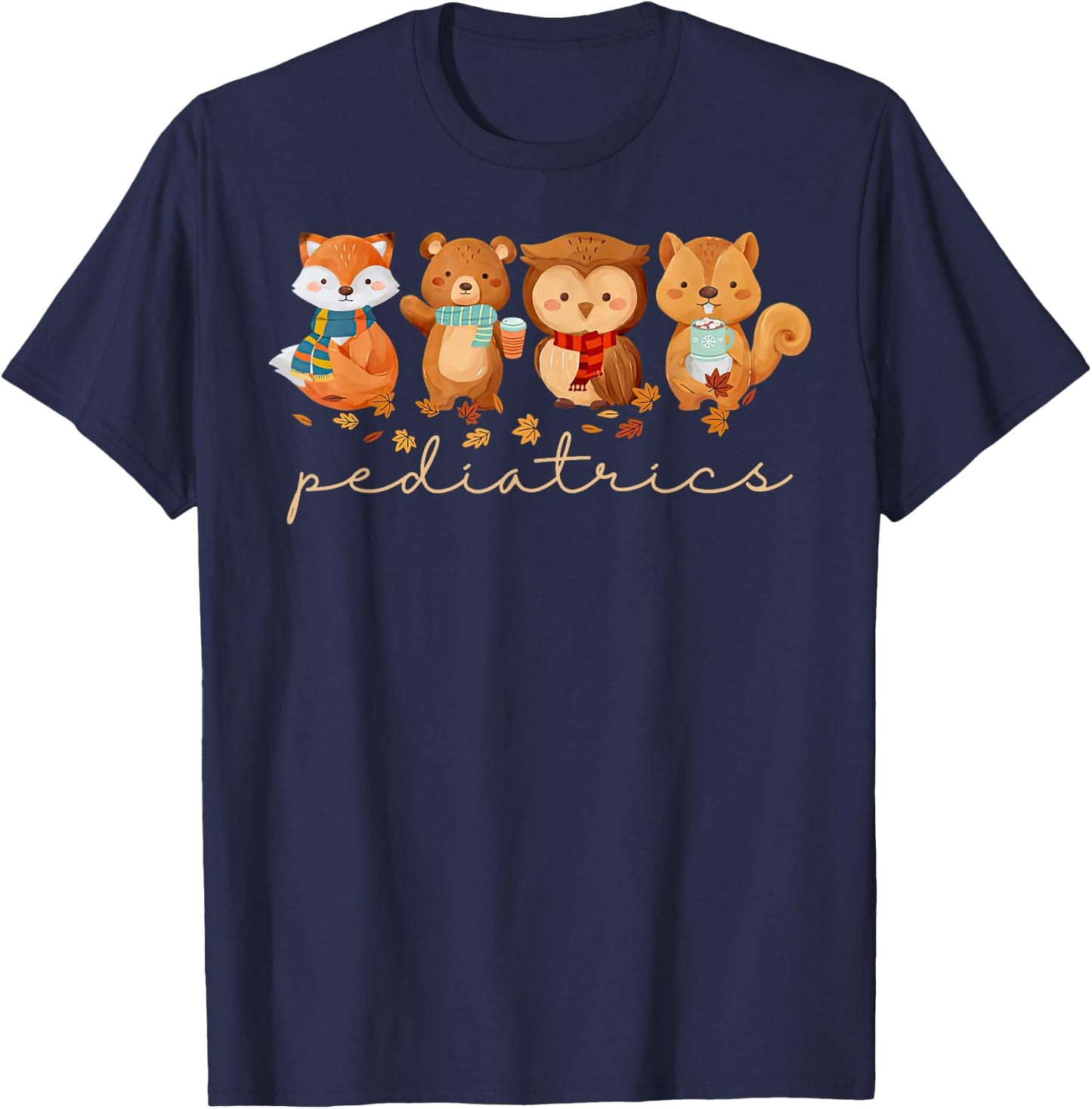 Cute Animals Pediatric Nurse Leaves Fall Thanksgiving PEDS T-Shirt - T-Shirt | Navy