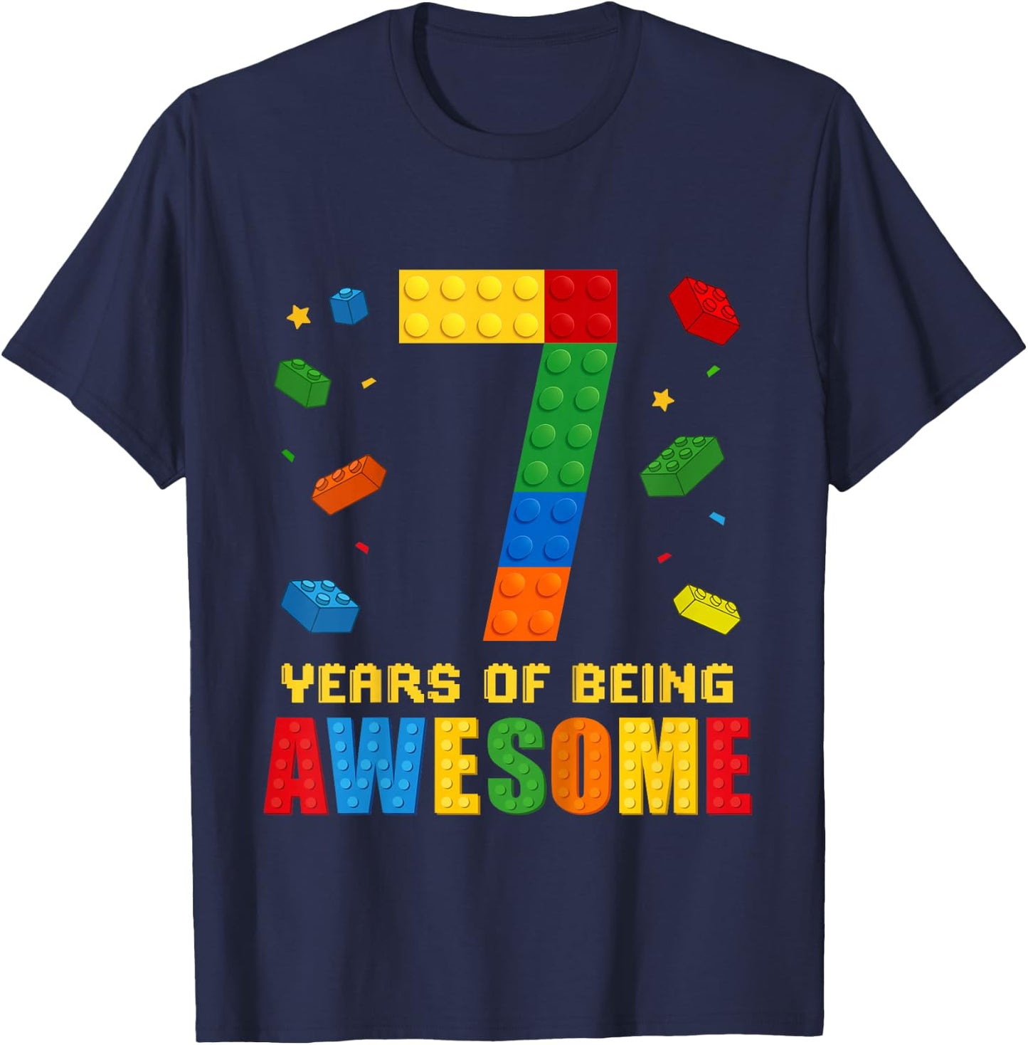 Kids 7 Year Old Birthday Boy Being Awesome Building Bricks 7th T-Shirt - T-Shirt | Navy