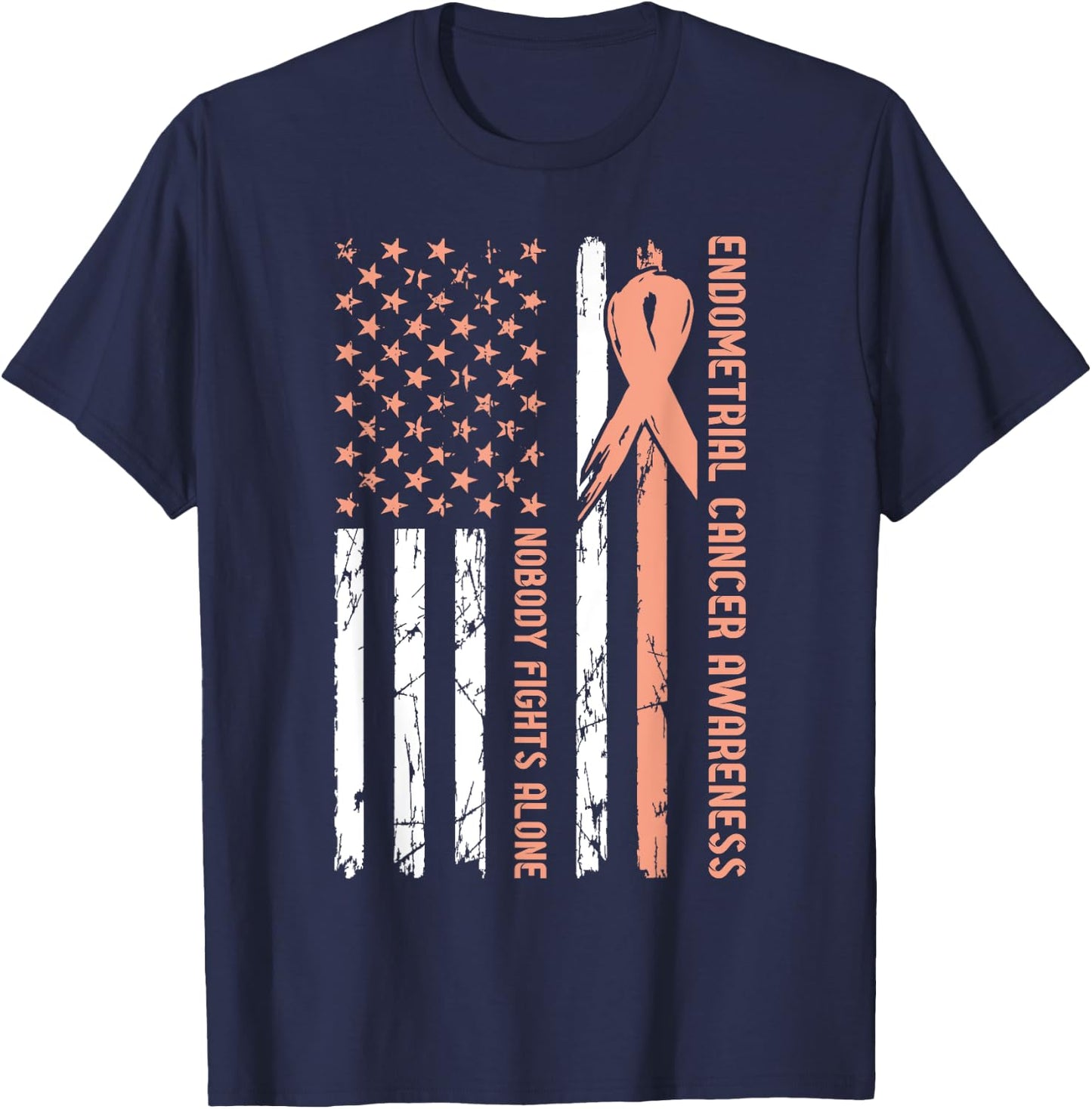 Endometrial Cancer Awareness Flag Nobody Fights Alone T-Shirt - T-Shirt | Navy