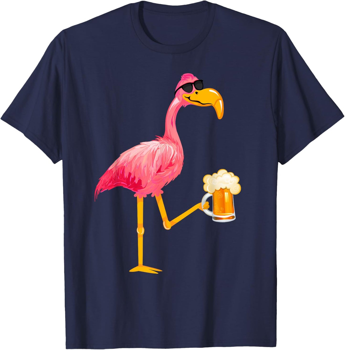 Funny Beer and Flamingo Lover - Flamingo Wearing Sunglass T-Shirt - T-Shirt | Navy