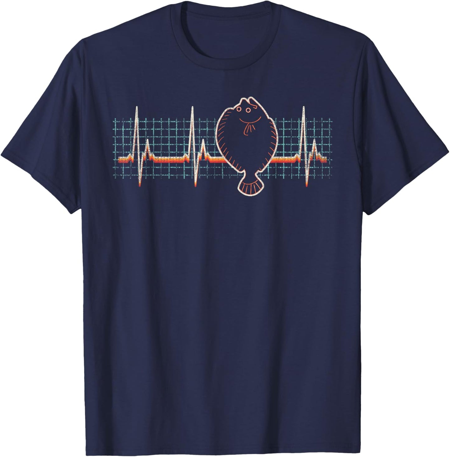Flounder Fishing Retro Heartbeat Vintage 80s Style Gift T-Shirt - T-Shirt | Navy