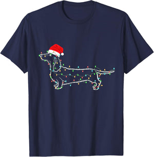 Dachshund Christmas Lights Santa Hat Xmas Dog Lover T-Shirt - T-Shirt | Navy