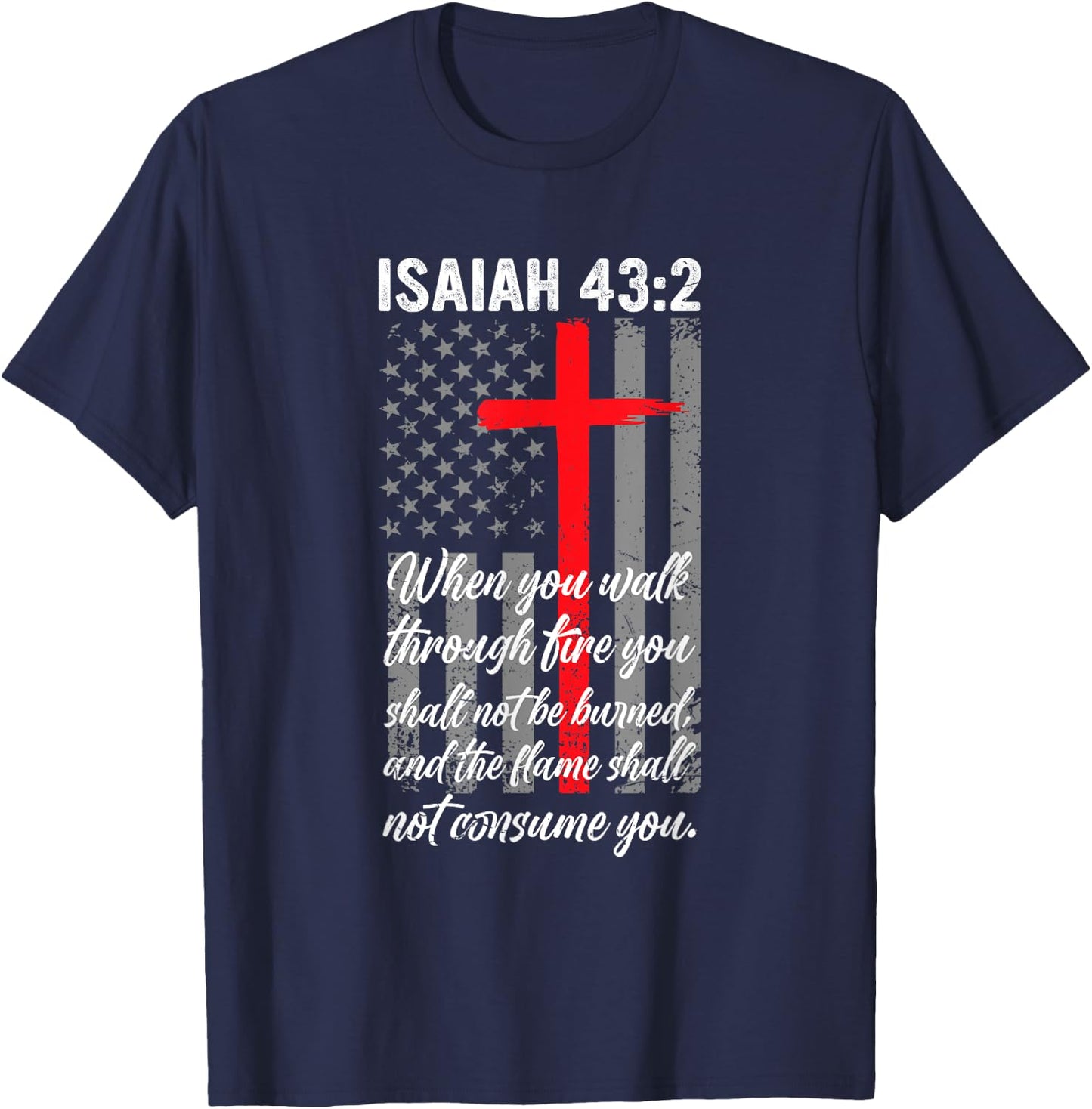 Thin Red Line Firefighter Cross Bible Verse American Flag T-Shirt - T-Shirt | Navy