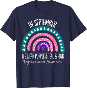 Rainbow September Teal Pink Thyroid Cancer Awareness Ribbon T-Shirt - T-Shirt | Navy