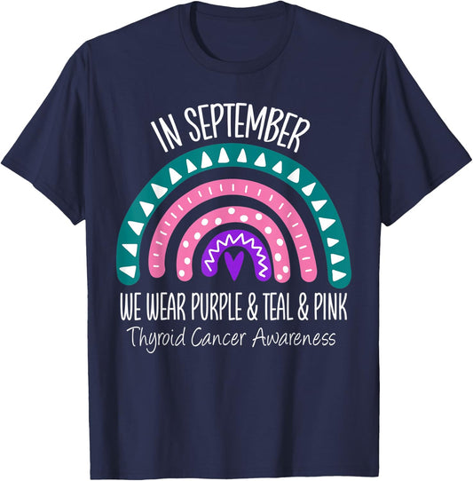 Rainbow September Teal Pink Thyroid Cancer Awareness Ribbon T-Shirt - T-Shirt | Navy
