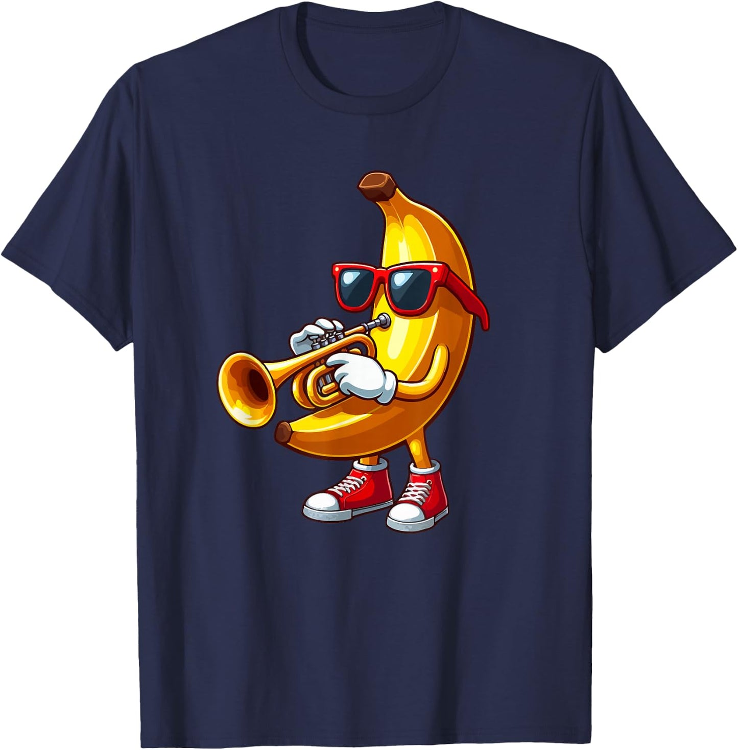 Banana Sunglasses Playing Trumpet Funny Fruit Instrument T-Shirt - T-Shirt | Navy