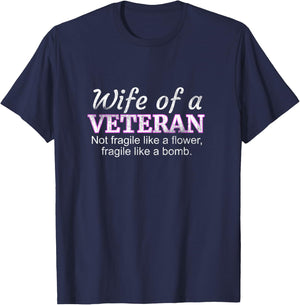 Wife Of A Veteran Military Support Husband Flower T-Shirt - T-Shirt | Navy