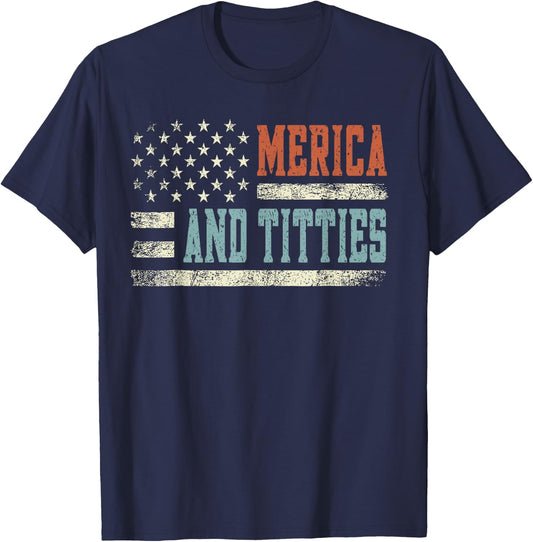 Merica And Titties 4th Of July Sunglasses Us Flag Men T-Shirt - T-Shirt | Navy