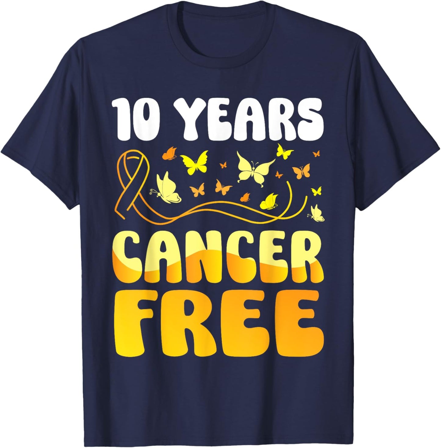 Butterflies Support Childhood Awareness 10 Years Cancer Free T-Shirt - T-Shirt | Navy