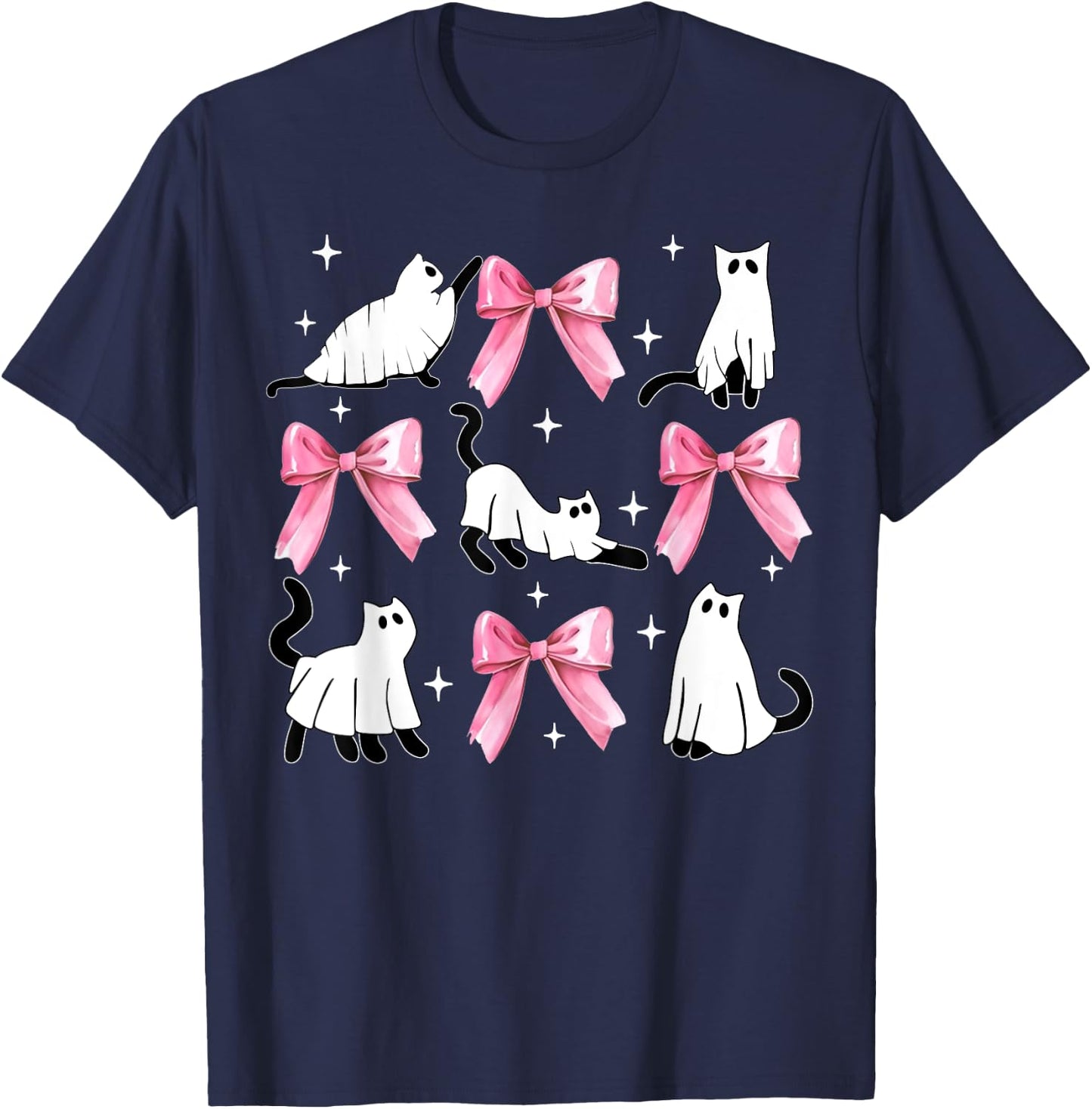Ghost Cat Boo Costume Cute Pink Bow Coquette Kitty Halloween Women Kids T-Shirt - T-Shirt | Navy