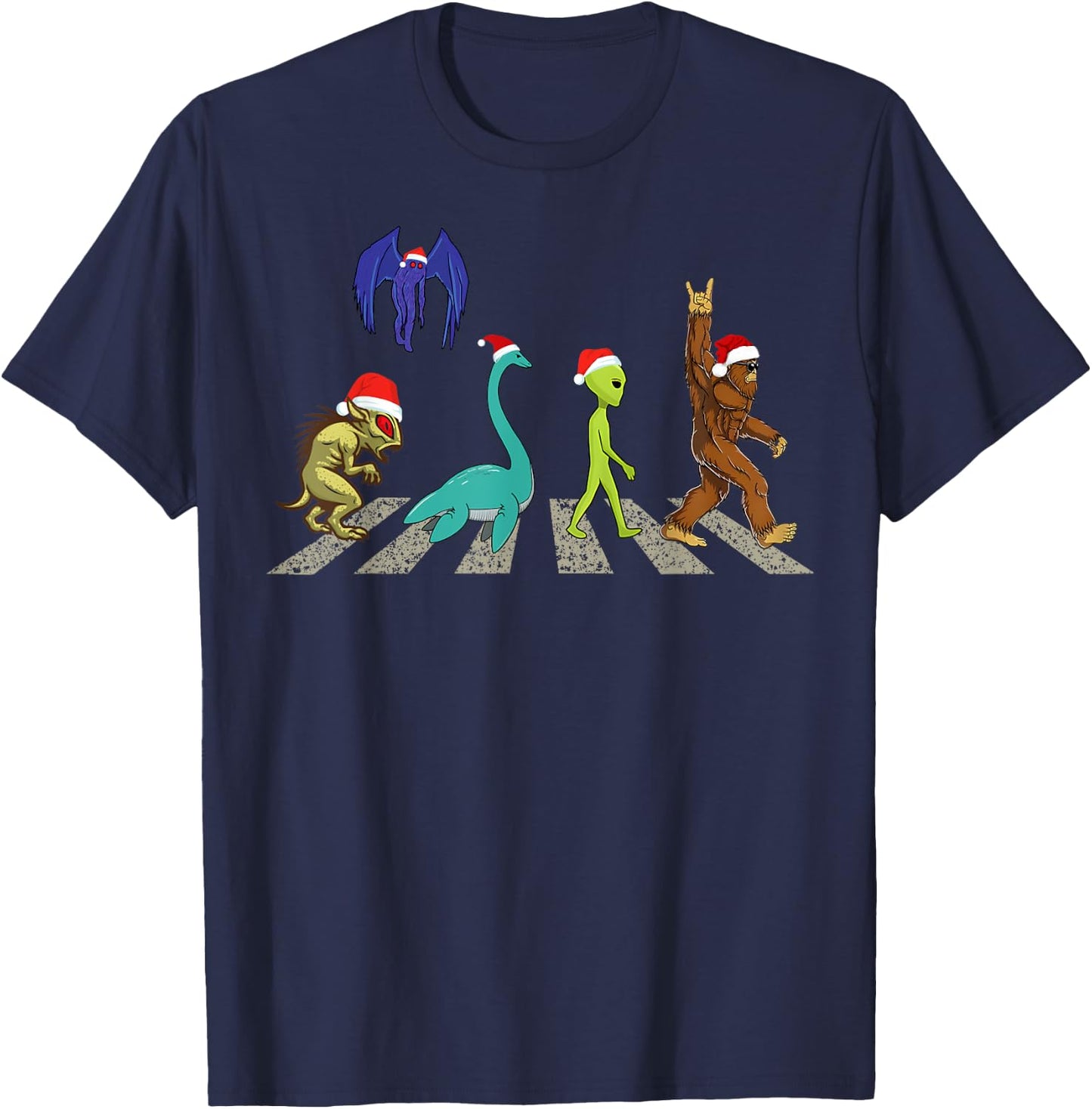 Christmas Cryptid Squad Bigfoot Mothman Alien Nessie T-Shirt - T-Shirt | Navy