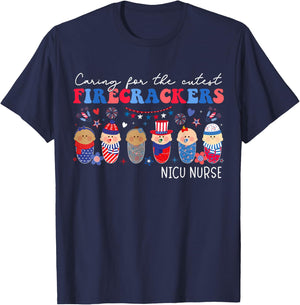 Caring For The Cutest Firecrackers NICU Nurse 4th Of July T-Shirt - T-Shirt | Navy
