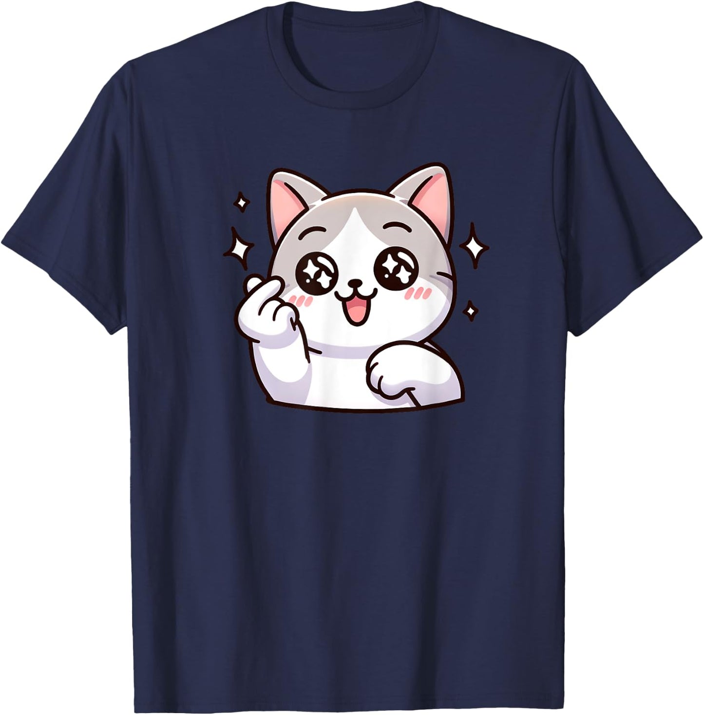 Funny Cat Cartoon Finger-heart K-pop Korean Men Women Kids T-Shirt - T-Shirt | Navy