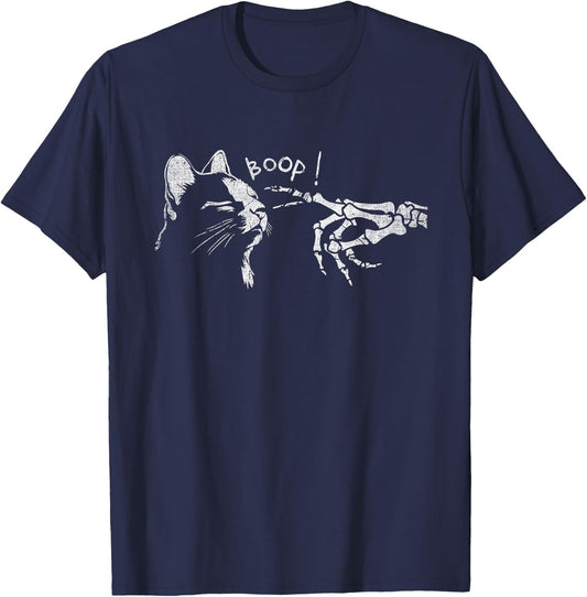 Black Cat Skeleton Hand Boop On A Cat's Nose Funny Halloween T-Shirt - T-Shirt | Navy